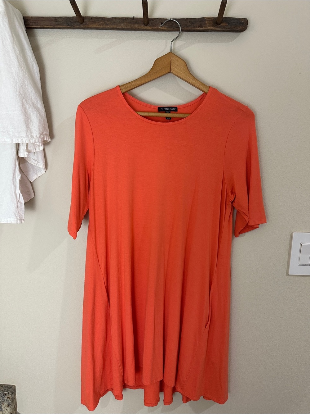 Eileen Fisher Coral-Orange Short Sleeve Swing Tunic Dress size Medium w/ POCKETS
